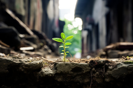 a small plant growing out of a crack in the groundの素材