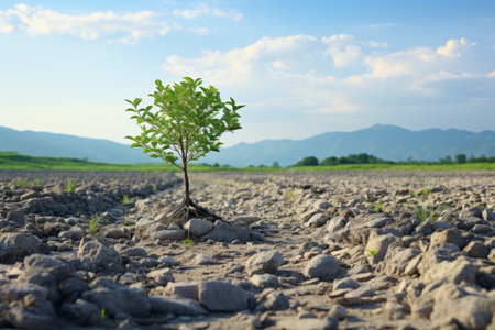a small tree is growing in the middle of a fieldの素材