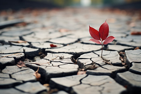 a small red plant growing out of cracked earthの素材