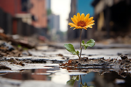 a yellow flower growing out of a puddle in the middle of a city streetの素材