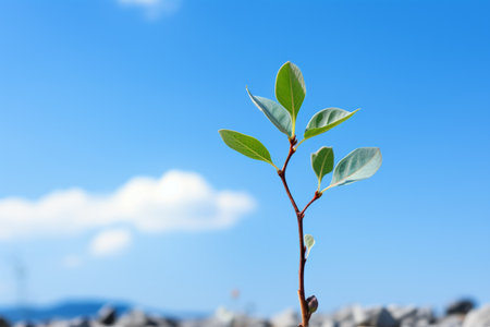 a young plant sprouting from the ground in front of a blue skyの素材