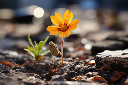 a small yellow flower growing out of the groundの素材