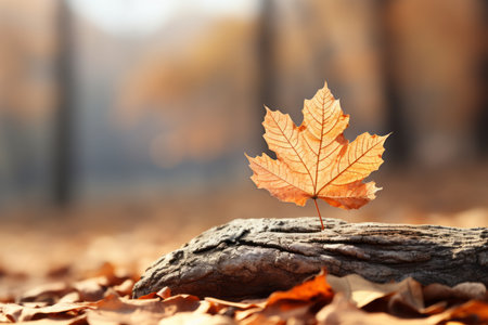 an orange maple leaf sits on top of a fallen logの素材