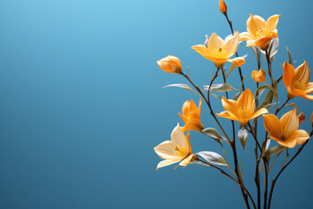 a vase with yellow flowers on a blue backgroundの素材