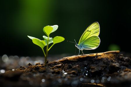 butterfly and green sprout on black background stock photoの素材