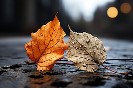 two leaves laying on the ground with water droplets on themの素材