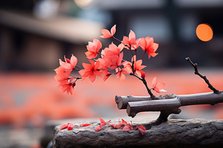 a bonsai tree with red flowers sitting on top of a rockの素材