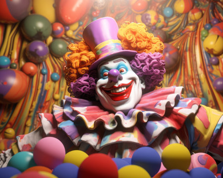 a clown is surrounded by colorful balloonsの素材