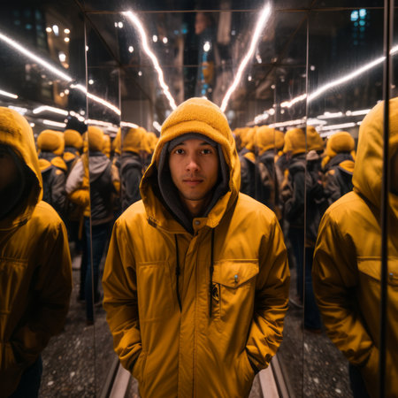 a man in a yellow jacket standing in front of a mirrorの素材