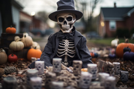 a skeleton dressed in a top hat sits in front of pumpkinsの素材