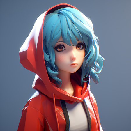 anime girl with blue hair wearing a red hoodieの素材