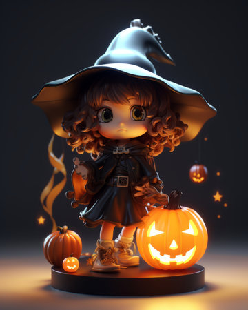 3d illustration of a cute little witch holding a pumpkinの素材
