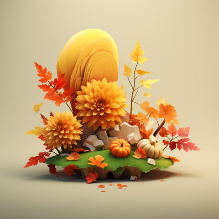 3d illustration of autumn flowers and pumpkinsの素材
