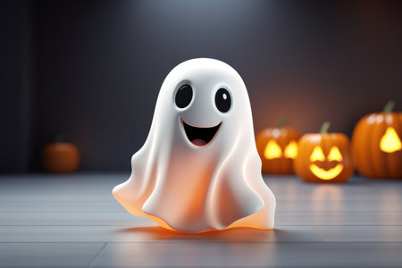3d rendering of a halloween ghost with pumpkins in the backgroundの素材