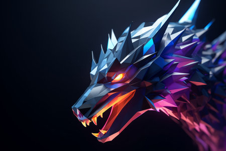 3d rendering of a dragon with glowing eyes on a black backgroundの素材