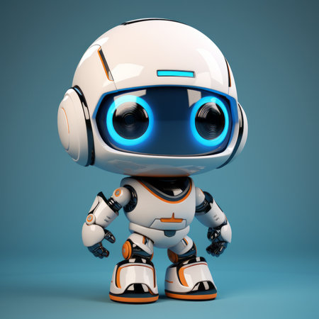 3d rendering of a cute little robot on a blue backgroundの素材