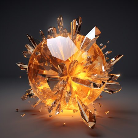 3d rendering of an orange crystal ball exploding on a black backgroundの素材