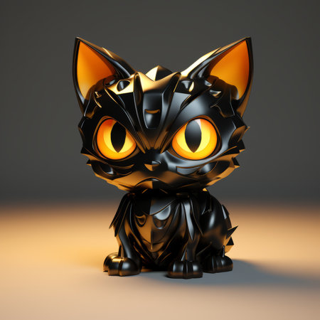 a 3d printed black cat with orange eyesの素材