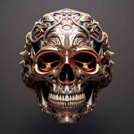 3d rendering of a silver and gold skull on a black backgroundの素材