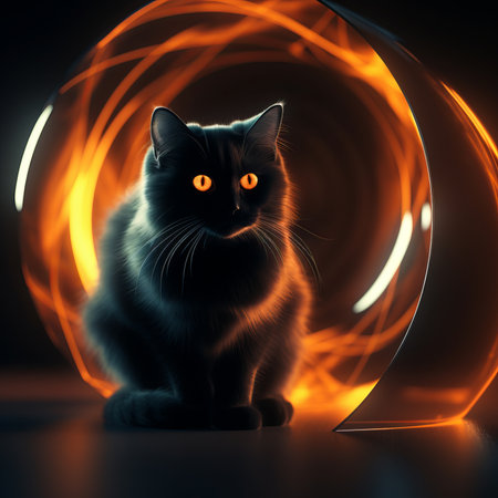 a black cat sitting in front of a glowing circleの素材