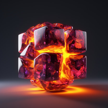 a 3d rendering of a cube with red and orange stonesの素材