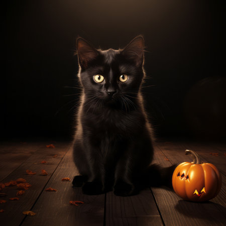a black cat sitting next to a halloween pumpkinの素材