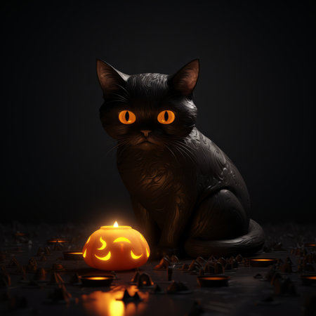 a black cat sitting next to a halloween pumpkinの素材