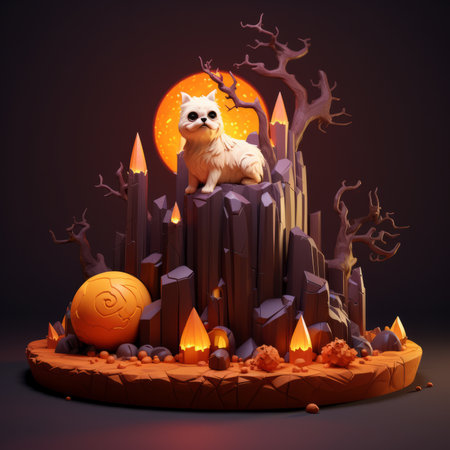 a dog is sitting on top of a rock in front of a full moonの素材