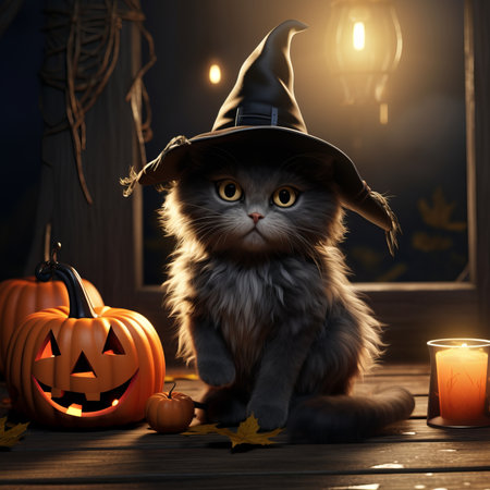 a cat in a witch hat sitting next to pumpkinsの素材