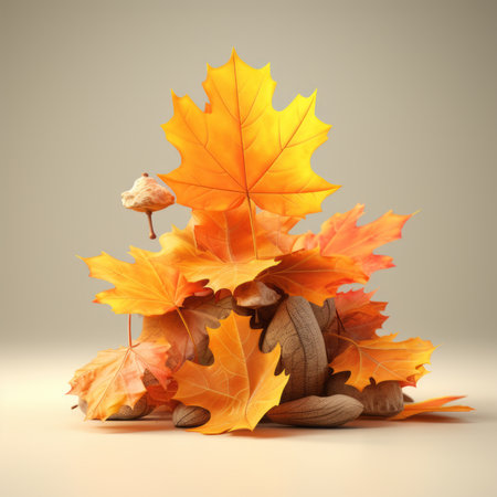 a pile of autumn leaves and nuts on a tableの素材