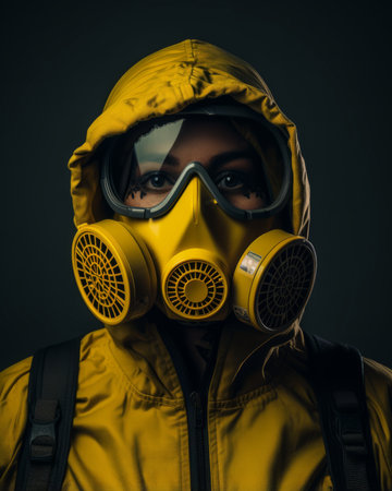 a man wearing a gas mask and yellow jacketの素材