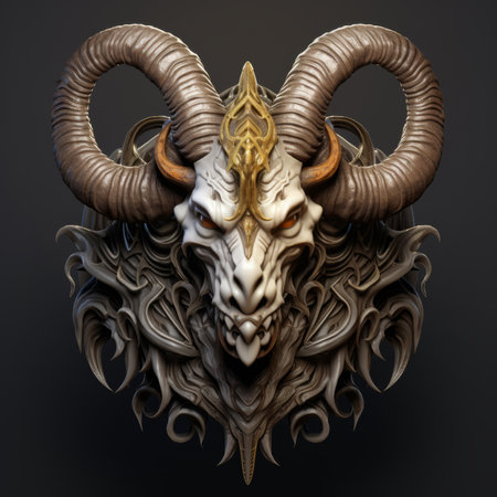 a ram head with horns and horns on a black backgroundの素材
