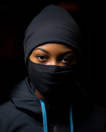 a woman wearing a black face maskの素材