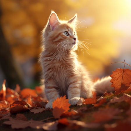 an orange tabby kitten sitting on the ground in autumn leavesの素材