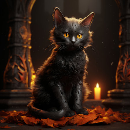 a black cat sitting in front of candlesの素材