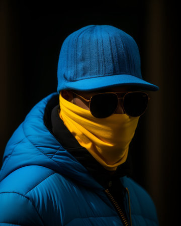 a man in a blue jacket and sunglasses wearing a yellow bandanaの素材