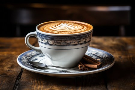 a cup of cappuccino sits on top of a saucerの素材