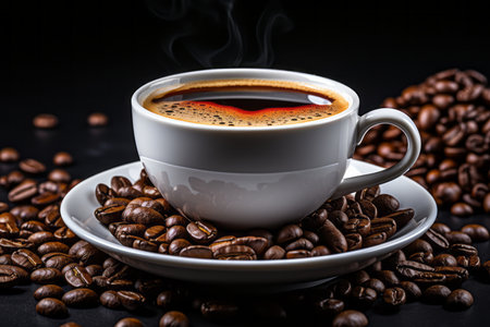 a cup of coffee is surrounded by coffee beans on a black backgroundの素材