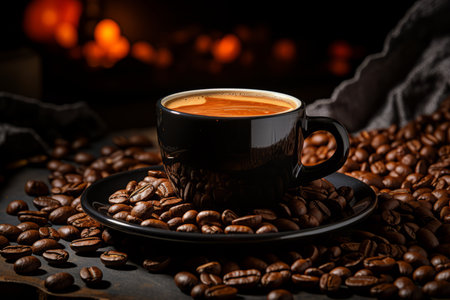 a cup of coffee is surrounded by roasted coffee beans on a dark backgroundの素材
