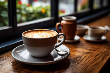 a cup of coffee sits on a saucer in front of a windowの素材