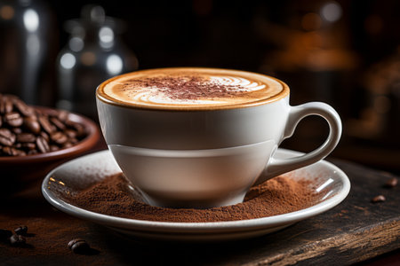a cup of coffee sitting on a saucer next to coffee beansの素材