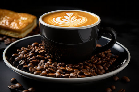 a cup of coffee sits on top of a plate of coffee beansの素材