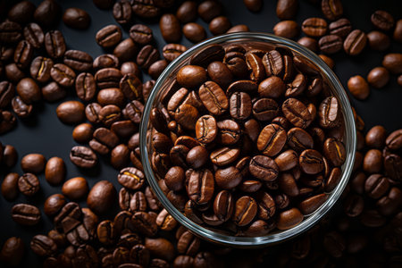 coffee beans in a glass bowl on a black backgroundの素材