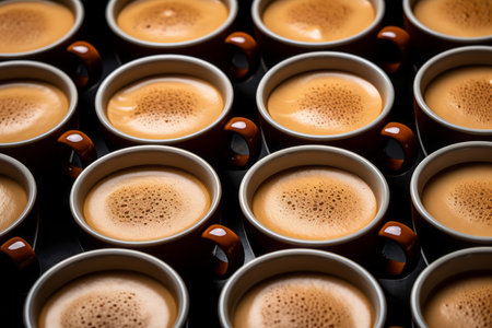 many coffee cups are lined up on a tableの素材
