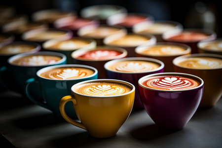 many colorful cups of coffee sit on a tableの素材