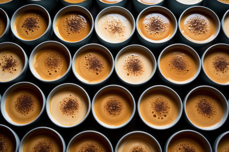 many cups of coffee are arranged in rowsの素材