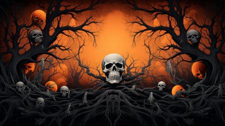 a halloween background with skulls and treesの素材