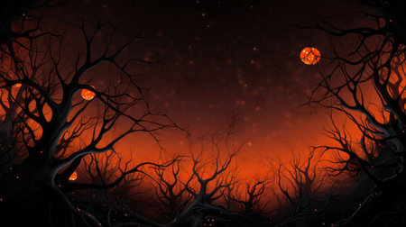 a dark forest with trees and moon in the backgroundの素材