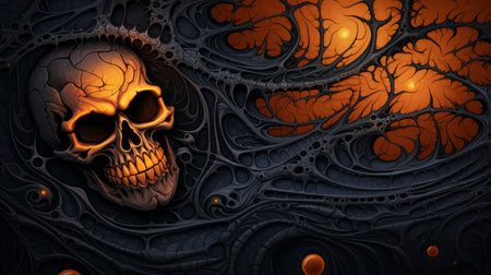 a skull and orange flames on a dark backgroundの素材