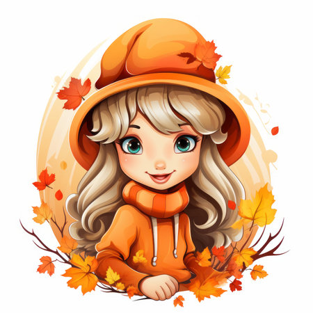 a cartoon girl in an orange hat and scarf surrounded by autumn leavesの素材